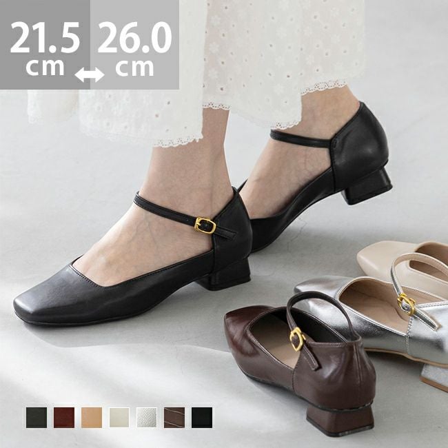 menue (メヌエ) スクエアトゥ ストラップ 変形ヒール パンプス