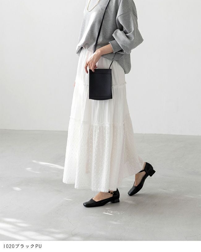 menue (メヌエ) スクエアトゥ ストラップ 変形ヒール パンプス