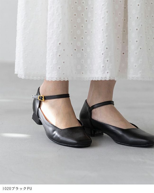 menue (メヌエ) スクエアトゥ ストラップ 変形ヒール パンプス