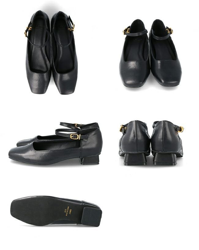 menue (メヌエ) スクエアトゥ ストラップ 変形ヒール パンプス