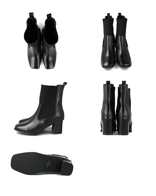 menue (メヌエ) スクエアトゥリブニットチャンキーヒールブーツ