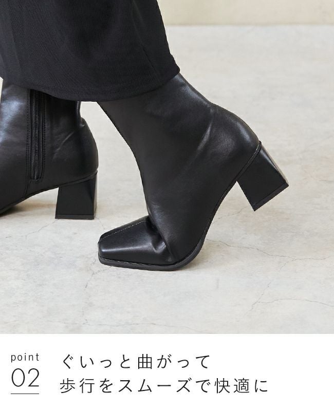 menue (メヌエ) スクエアトゥ 台形ヒール ショートブーツ