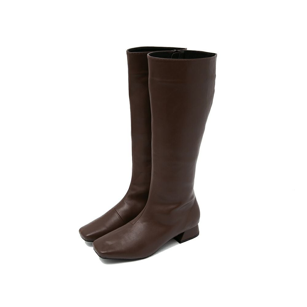 menue (メヌエ) スクエアトゥ台形ヒールロングブーツ