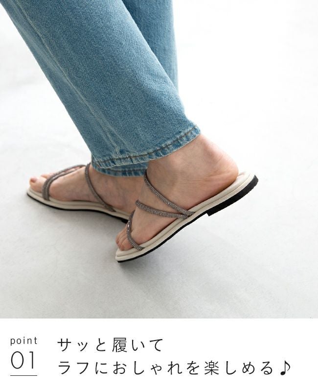 menue (メヌエ) スクエアトゥ ビジュー フラットサンダル 送料無料