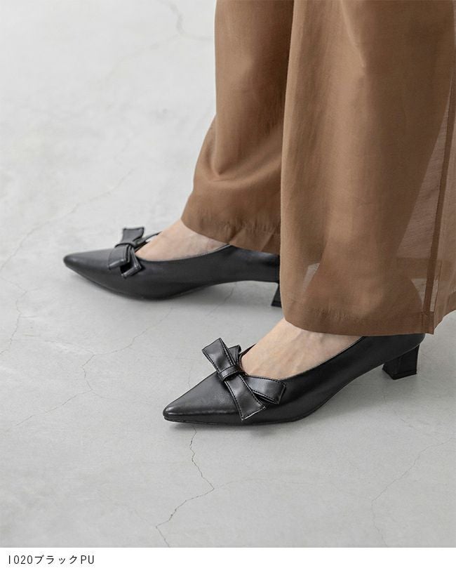 menue (メヌエ) リボンモチーフ ポインテッドトゥ ヒールパンプス