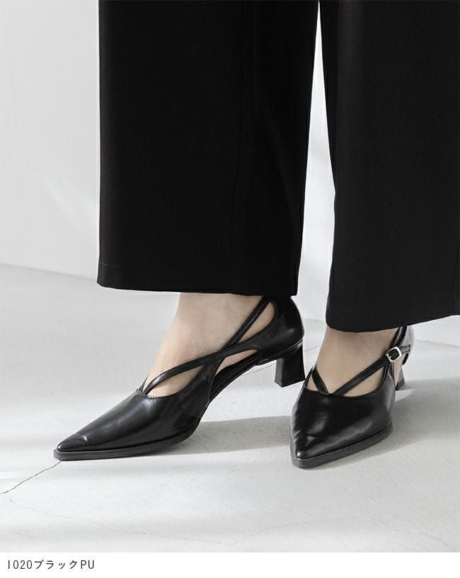 menue (メヌエ) クロスストラップ ポインテッドトゥ ヒールパンプス