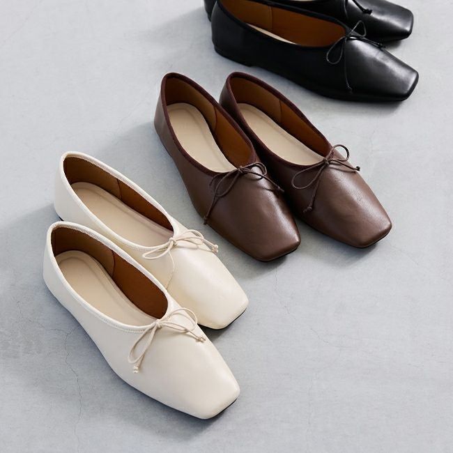 甲深 スクエアトゥ リボン バレエシューズ 送料無料 | welleg