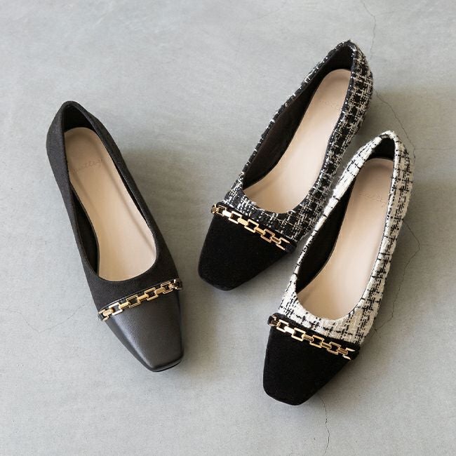 バイカラー スクエアトゥチェーンパンプス 送料無料 | welleg