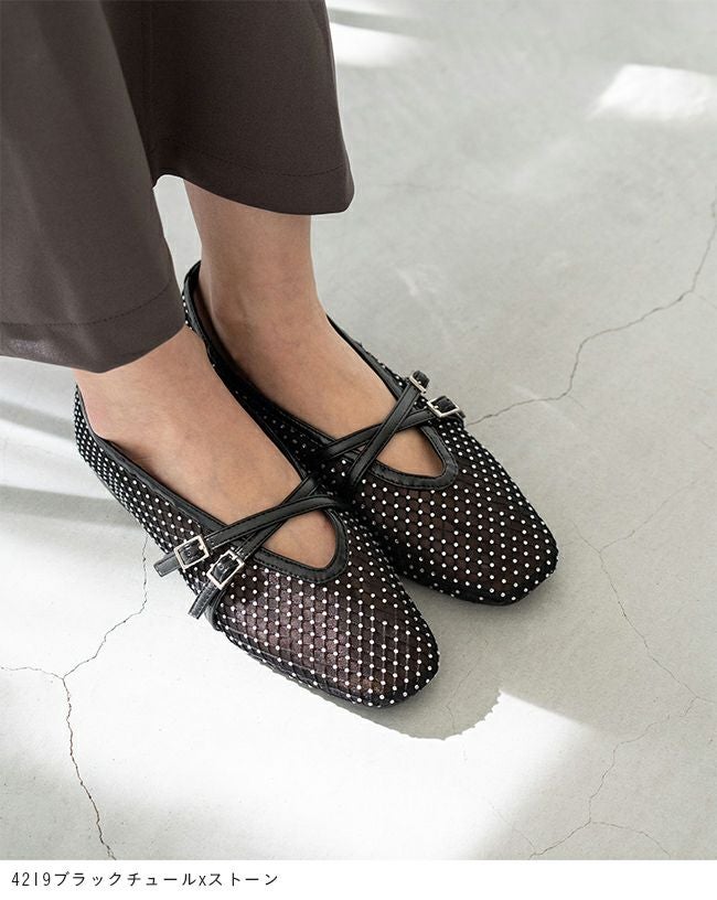 menue (メヌエ) スクエアトゥ シアークロスストラップパンプス 送料