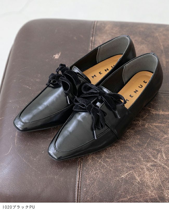 menue (メヌエ) ベロアリボン スクエアトゥ ローファー 送料無料
