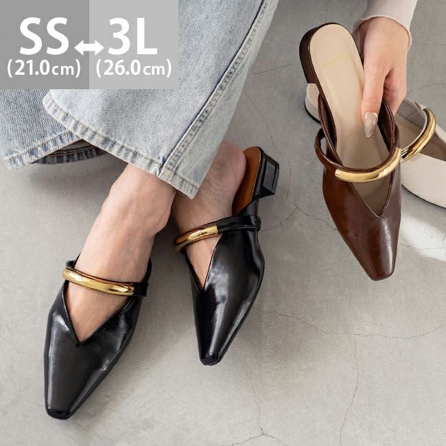 スクエアトゥ ゴールドメタル ミュールサンダル