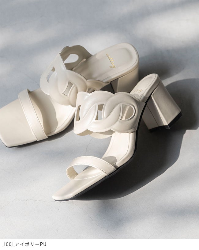 デザインストラップ チャンキーヒール ミュールサンダル 送料無料